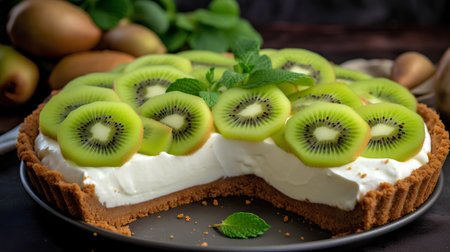 Tart with kiwi and whipped cream on a black backgroundの素材