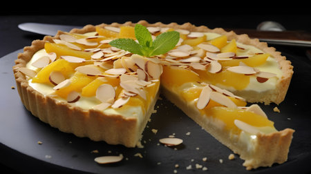 Lemon tart with almonds and fresh mint on a black background.の素材