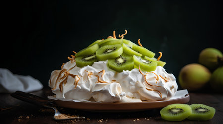 Meringue Pavlova with kiwi and whipped cream on wooden backgroundの素材