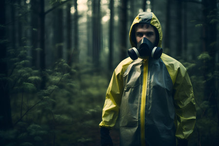 Man in a yellow raincoat and gas mask in the forest.の素材