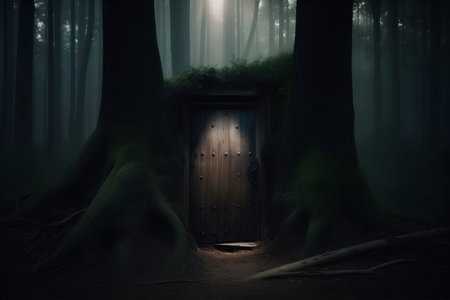 Dark forest with wooden door and tree roots, 3d render.の素材