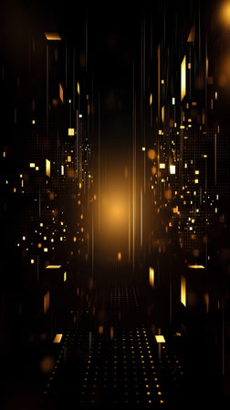 Abstract dark background with glowing golden squares and lights. Vector illustration.の素材