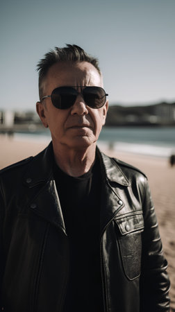 Portrait of a senior man in a leather jacket and sunglasses on the beachの素材