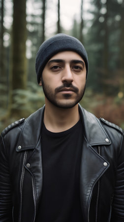 Portrait of a handsome young man in a black leather jacket and hat.の素材