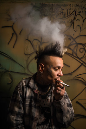 Portrait of a punk man smoking a cigarette over grunge backgroundの素材