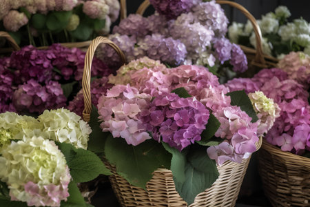 Colorful hydrangea flowers in a basket, stock photoの素材