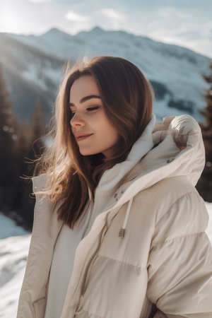 Portrait of a beautiful young woman on a background of winter mountainsの素材
