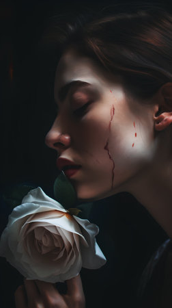 Portrait of a girl with a white rose on a dark backgroundの素材