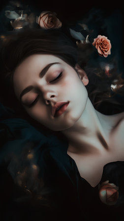 Portrait of a beautiful young woman with flowers in her hair.の素材