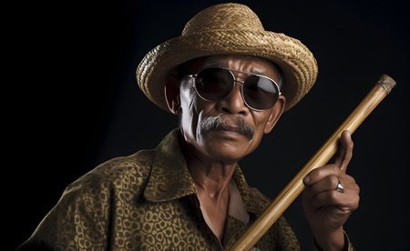 Portrait of an old man with a baseball bat on a black backgroundの素材