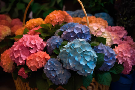 Colorful hydrangea flowers in a wicker basket.の素材
