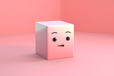 3d rendering of a pink cube with a sad face on itの素材