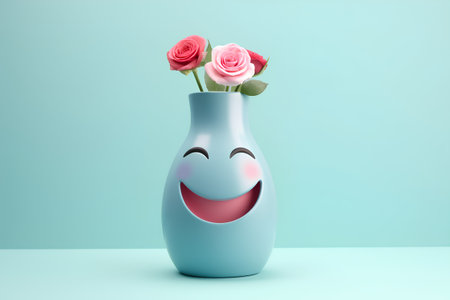 Happy vase with pink roses on blue background. 3D renderingの素材