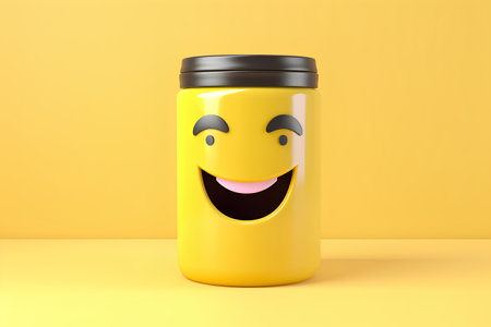 Smiling Yellow Thermo Flask on Yellow Background. 3d Renderingの素材