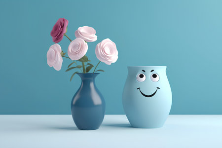 Blue vase with flowers and smiling face on blue background. 3D renderingの素材