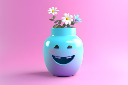 Cute blue vase with flowers isolated on pink background. 3d illustrationの素材