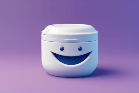 Smiling face cream jar on violet background. 3d illustration.の素材