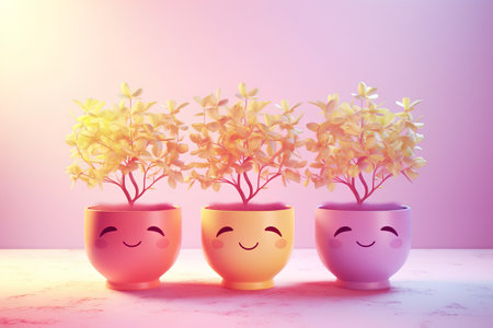 3d render of cute flower pots with smiley faces on pink backgroundの素材