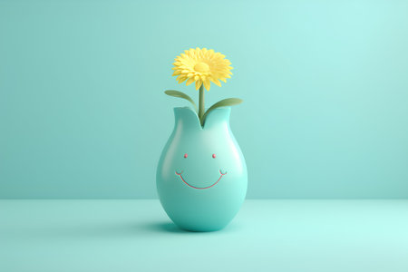 Ceramic vase with a smiling flower. 3D renderingの素材