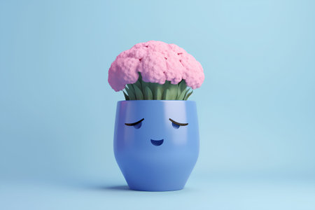 Cute pink cauliflower in blue vase isolated on blue background. 3d renderの素材