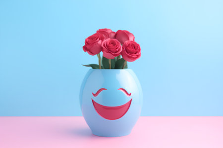 3d render of a vase with pink roses on a blue backgroundの素材