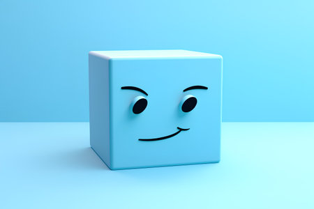 Smiling cube on a blue background. 3d render illustration.の素材