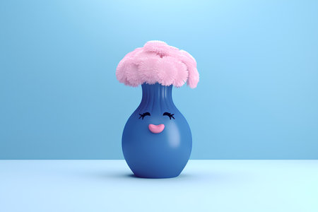 Cute flower in vase on blue background. 3D illustrationの素材