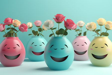 3d render of happy easter eggs with roses in vaseの素材