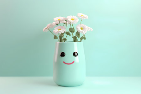 Cute white daisies in vase on green background. 3D renderingの素材