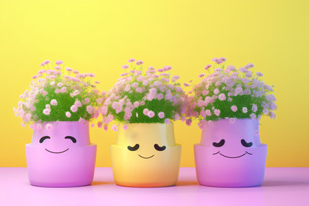 3d illustration of flowers in pots on a yellow background with copy spaceの素材