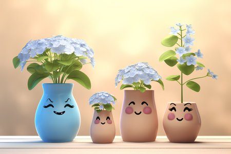 Hydrangea in a blue vase on a wooden table. Vector illustration.の素材