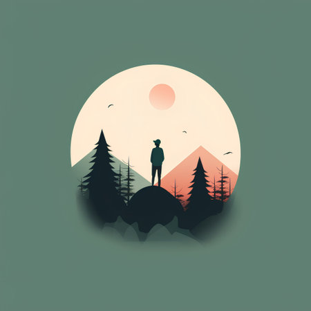 Silhouette of a man standing on top of the mountain. Vector illustration.の素材