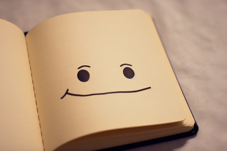 Notebook with a smiley face on it. Close up.の素材