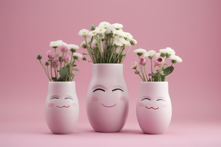 3d render of pink vase with a happy smiling face and flowers on a pink backgroundの素材