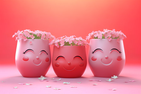 3d render of cute pink flower pots with happy and sad facesの素材