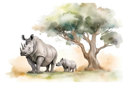 Watercolor illustration of a rhinoceros with baby rhinoの素材
