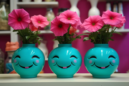 Three blue ceramic vases with smiling faces and flowers in the backgroundの素材