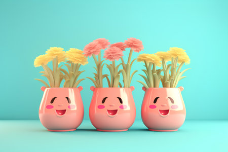 Carnation flowers in pink vases. 3D rendering.の素材