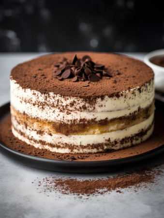 Tiramisu cake on a dark background. Toned.の素材
