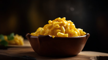 Macaroni and cheese in a bowl on a wooden background.の素材