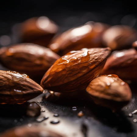 Close up of peeled almonds on a dark background. Selective focus.の素材
