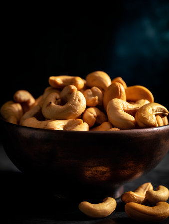 Roasted cashew nuts in a wooden bowl on dark background.の素材