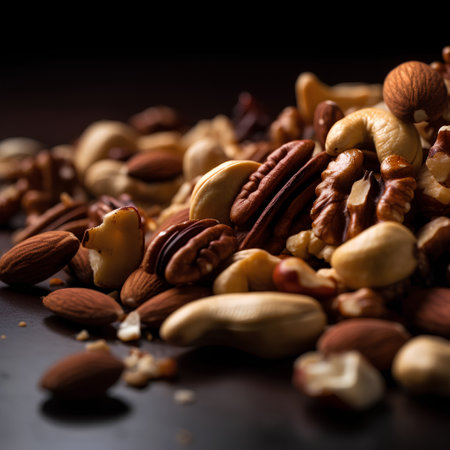 Mix of nuts on a dark wooden background. Selective focus.の素材