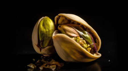 Pistachio nuts on a black background. Pistachio is a healthy vegetarian food.の素材