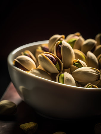 Pistachio nuts in a bowl on a dark background. Selective focus.の素材