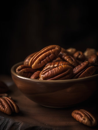 Pecan nuts in a bowl on a wooden background. Selective focus.の素材