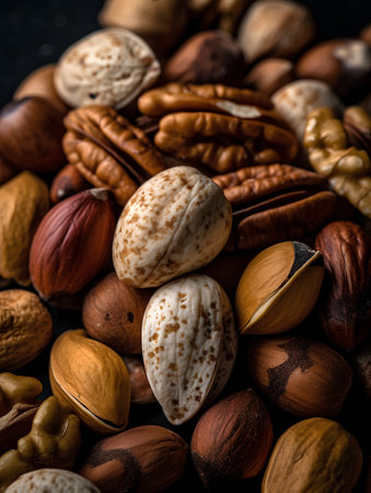 Mix of nuts on a dark background. Selective focus. Food background.の素材