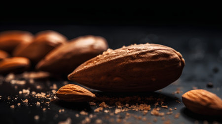 Almond nuts on a black slate slab. Selective focus.の素材