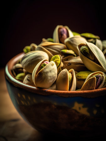 Pistachio nuts in a bowl on a wooden background. Selective focus. Toned.の素材
