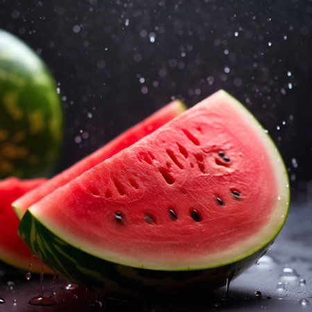 Watermelon on a black background with drops of water, selective focusの素材